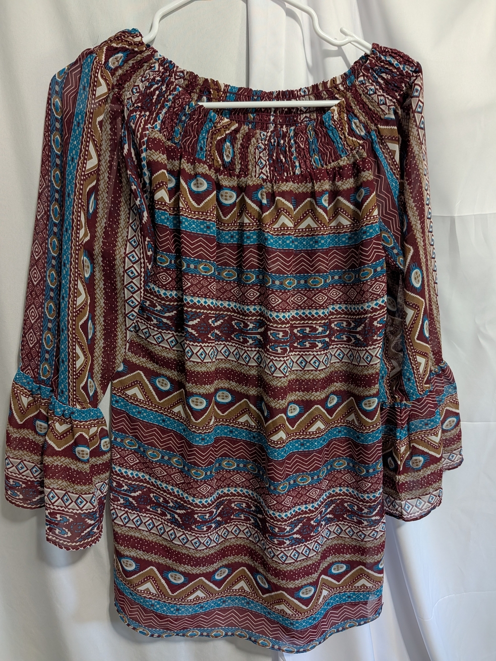 Altar'd State Burgundy Tunic with Teal and Tan Geo Print